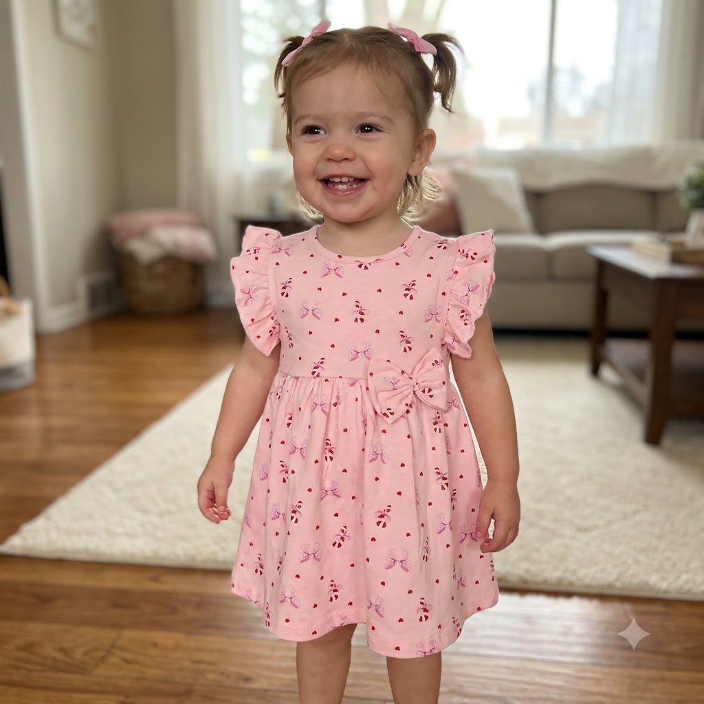 Toddler Girls' Ribbon & Bow Printed Flutter Sleeve Dress